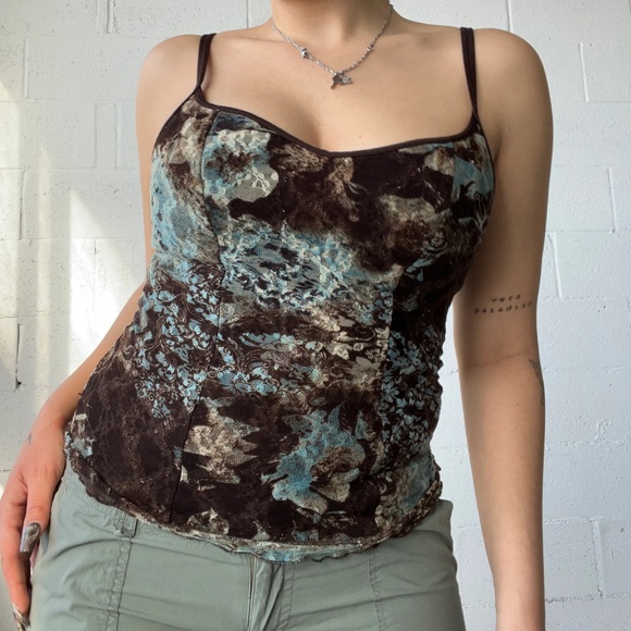 Y2K Sexy Lace Blue Brown Bustier Top - Picture 1 of 5